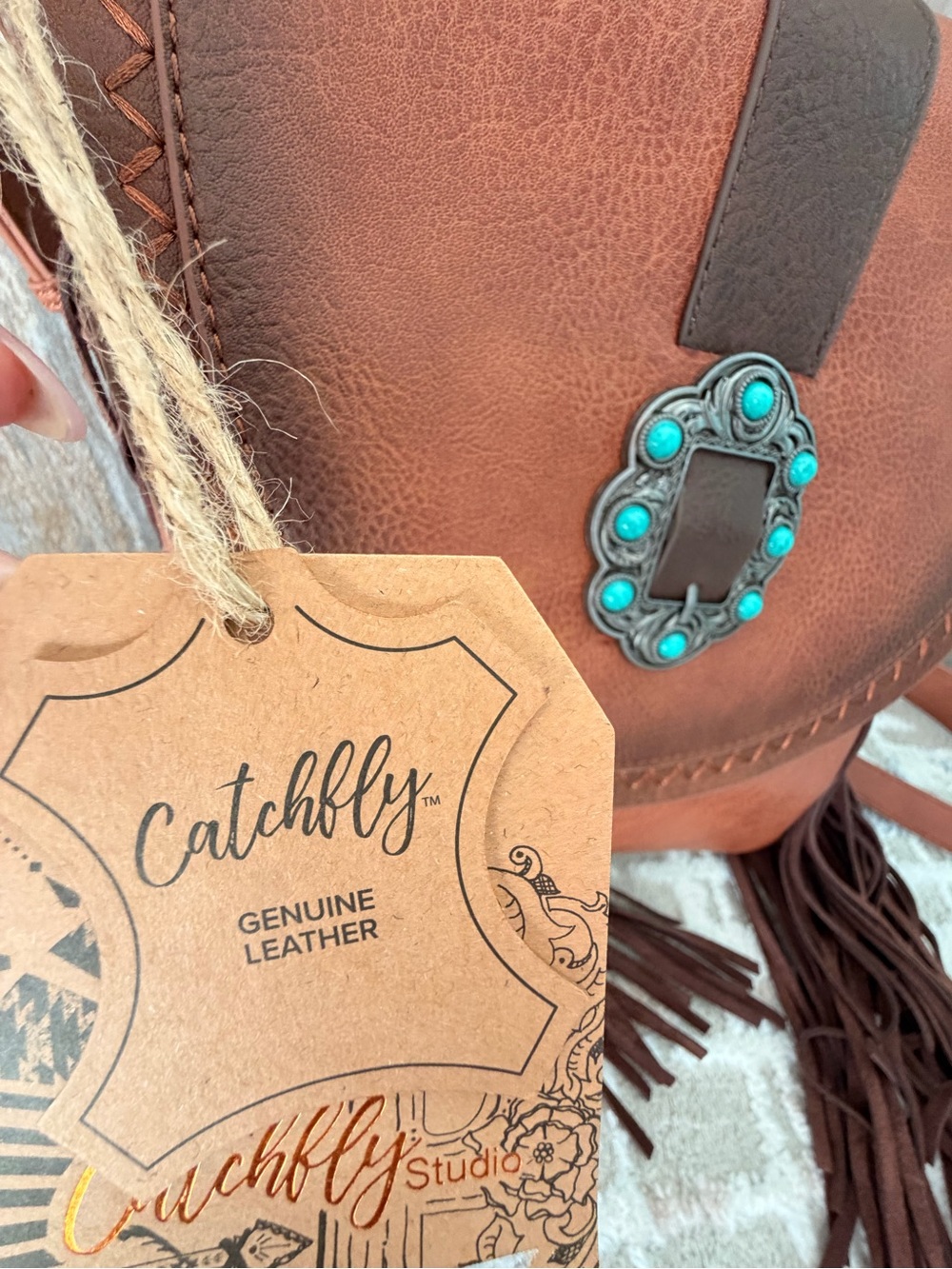 Catchfly Brown Leather Shoulder Bag with Turquoise Accent